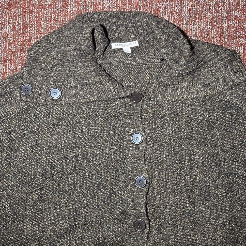 Carolyn Taylor Chocolate brown knit Button-Up Poncho fringe cozy comfy warm OSFA - Picture 7 of 13